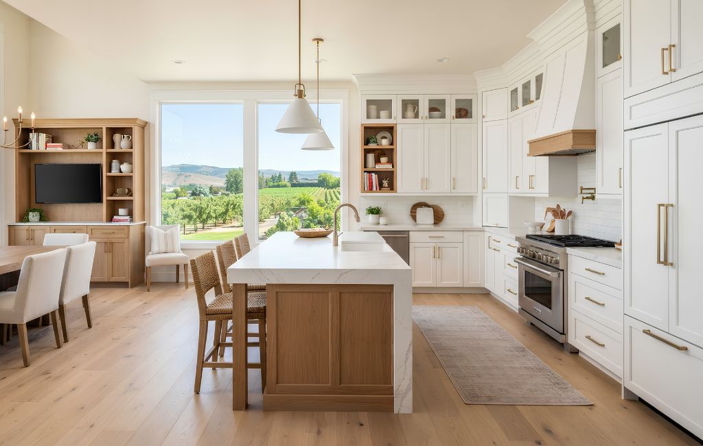 A spacious, modern kitchen featuring beautifully crafted custom cabinets, Yakima WA, with elegant white cabinetry, a large center island topped with quartz countertops, premium hardware, and abundant natural light. Through a wide picture window, a scenic Yakima vineyard stretches across the landscape, creating a warm and inviting atmosphere. The space highlights stylish storage solutions, exceptional craftsmanship, and a seamless blend of functionality and contemporary design. Photorealistic, architectural photography style, ultra-detailed, HDR lighting, 8K quality, clean, luxurious, no people, no text, no logos, no watermarks.